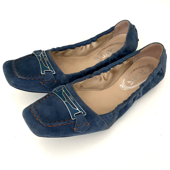 TOD's Ballet Flat Square Toe Blue Scrunch Elastic Suede Slip On Loafer 7.5 - Picture 6 of 12